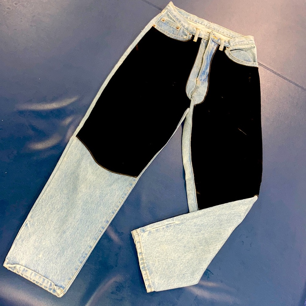 SUPER BAD A$$ vintage 80s high waist NO STRETCH jeans black suede chaps RARE - Picture 2 of 9
